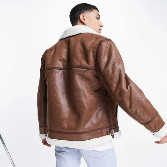 ASOS Flight Jacket In Brown With Ecru Borg Collar - Picture 2 of 4